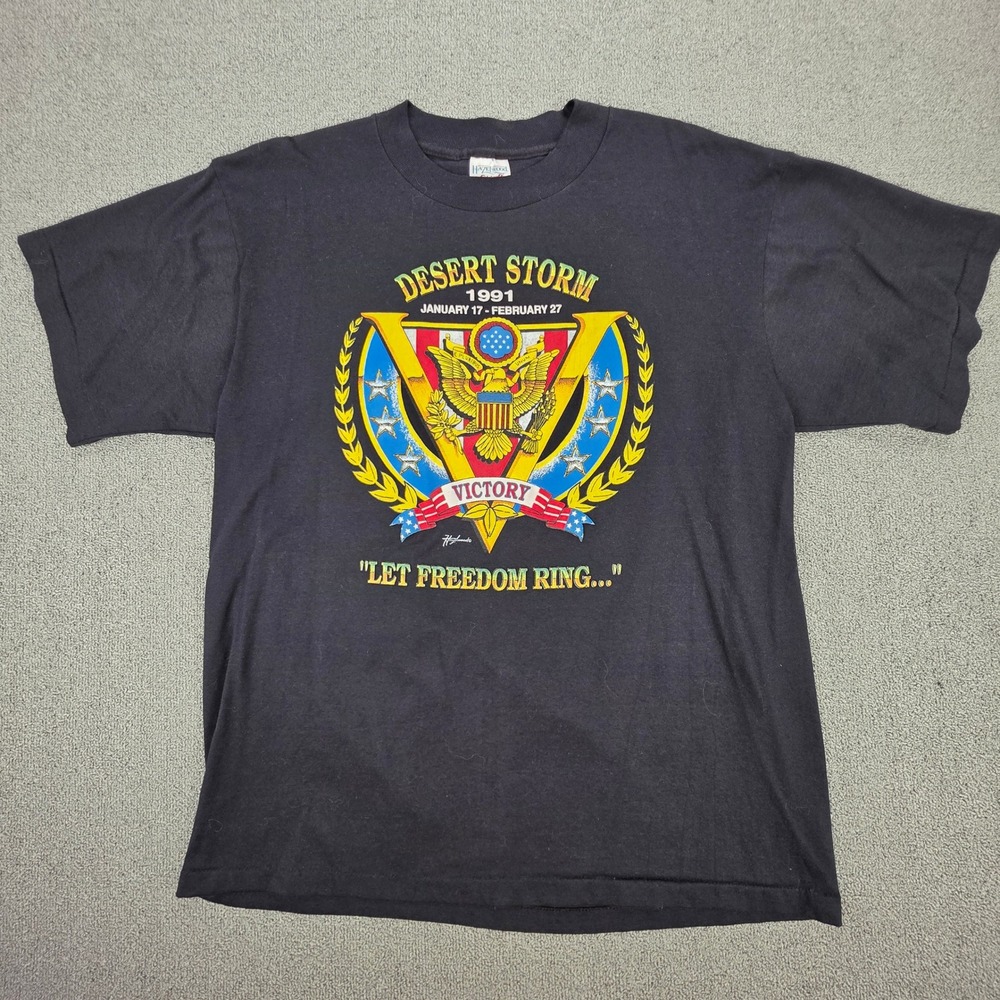 Vintage 1991 Desert Storm Victory T-Shirt Hazelwood Premo Black‎ Large